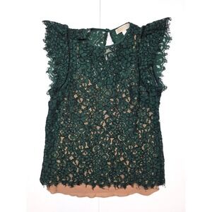 Michael Kors‎ Green Floral Eyelet Corded Laced Cap Sleeve Blouse Women's Size S